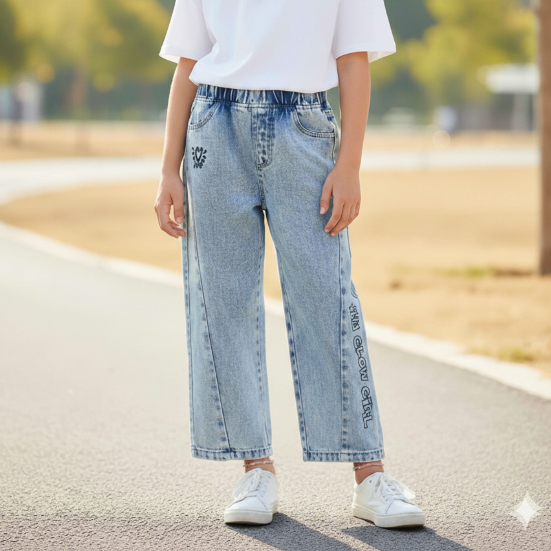 Girls Jeans Pant Elastic Waistband Straight Denim